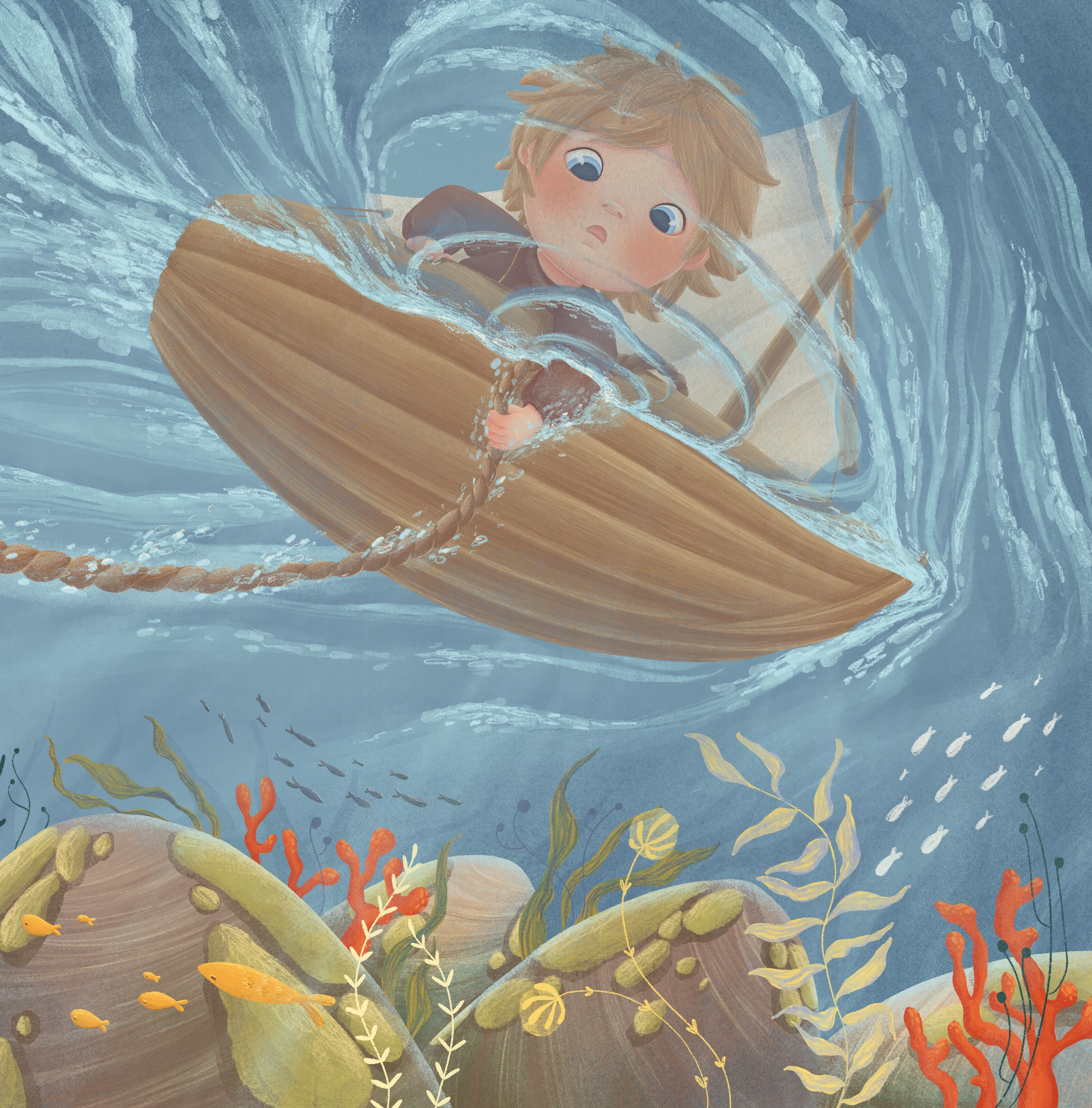 The explorer dropping an anchor to steady the boat